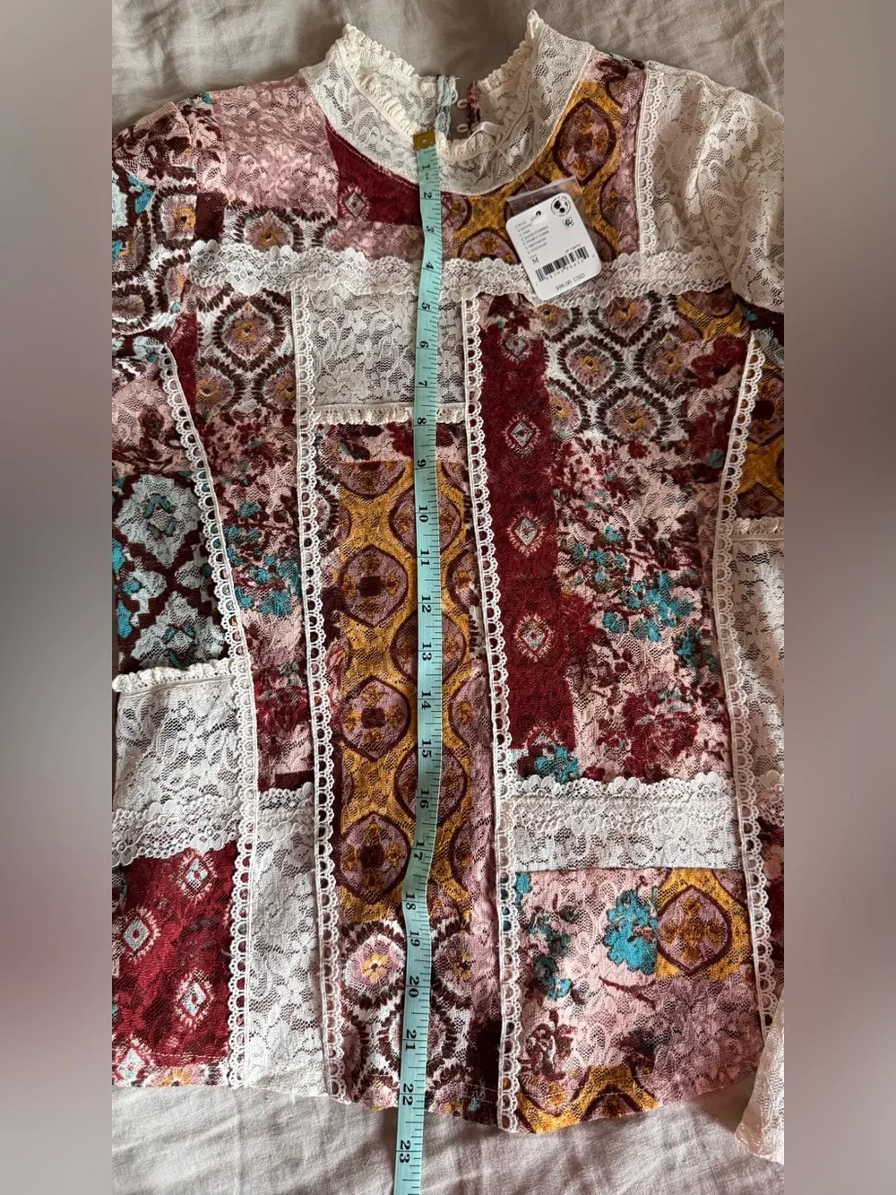 Free People Patchwork Lace Trim Long-Sleeve Blouse in Multi-Color